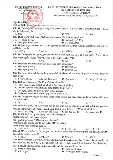 Đề thi minh họa tốt nghiệp THPT năm 2023 môn Sinh