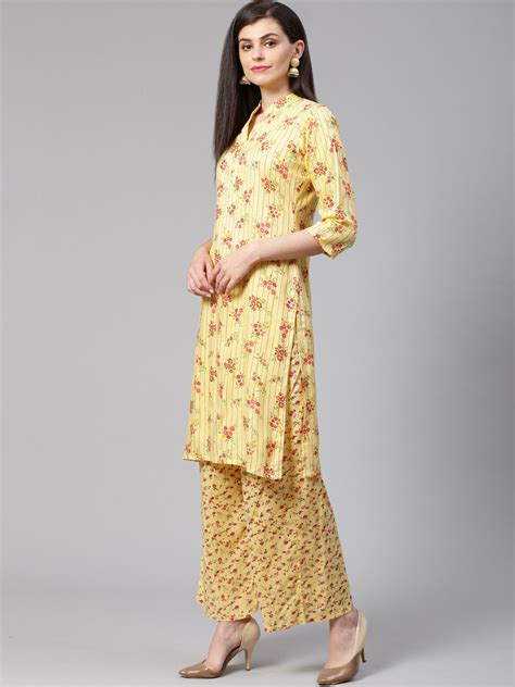 Jompers Women Yellow Coloured And Red Floral Print Kurta With Palazzos Distacart