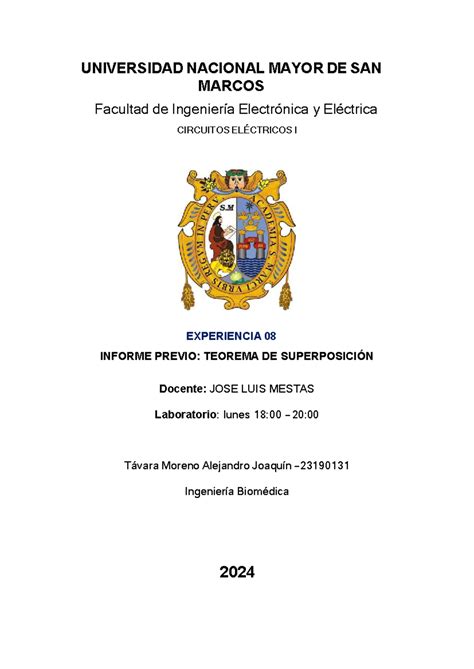 Informe Previo 8 Circuitos I Universidad Nacional Mayor De San Marcos Facultad De Ingeniería