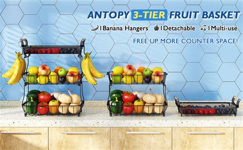 ANTOPY 3 Tier Fruit Basket With 2 Banana Hangers Countertop Vegetable