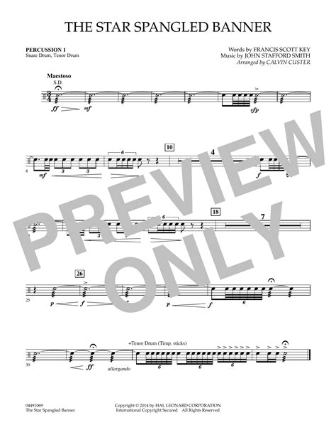 The Star Spangled Banner Percussion 1 Sheet Music Calvin Custer