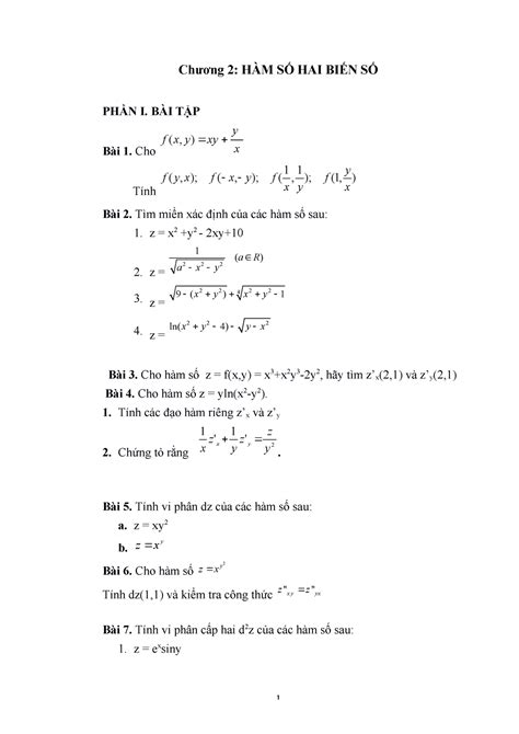 Bt Hàm Số Hai Biến Số Sv Chương 2 HÀm SỐ Hai BiẾn SỐ PhẦn I BÀi TẬp Bài 1 Cho X Y F X Y