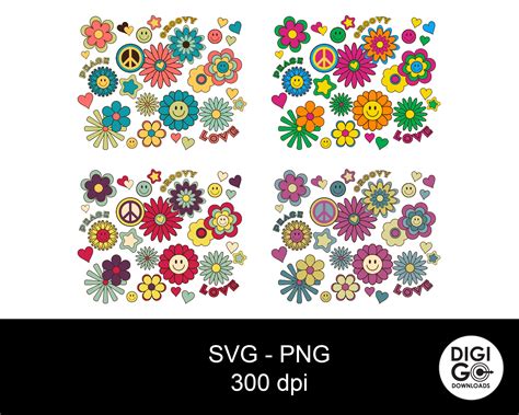 Hippy Flower Bundle Svg Retro Flowers Hippy Peace Flowers Hippy Svg Groovy Flowers Etsy