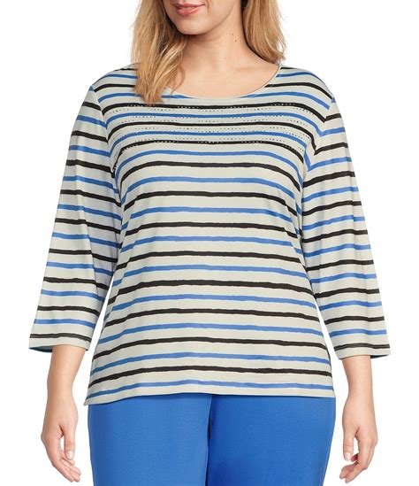 Allison Daley Plus Size Embellished Stripe Print 3 4 Sleeve Crew Neck Knit Top Dillard S