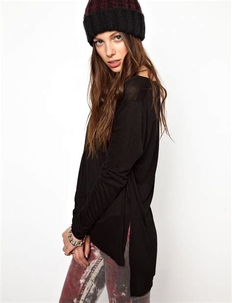 Black Long Sleeve Dipped Hem Loose T Shirt Fashion Clothing Latest