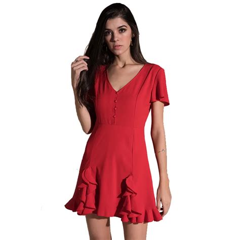 Red Summer Dress Women 2018 New V Neck Short Sleeved Ruffled High Waist