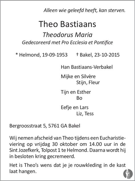 Theodorus Maria Theo Bastiaans 23 10 2015 Overlijdensbericht En