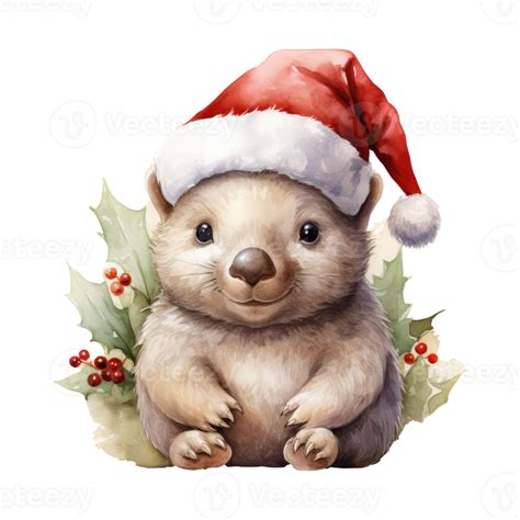 Watercolor Cute Smiling Wombat Wearing A Santa Hat Ai Generated