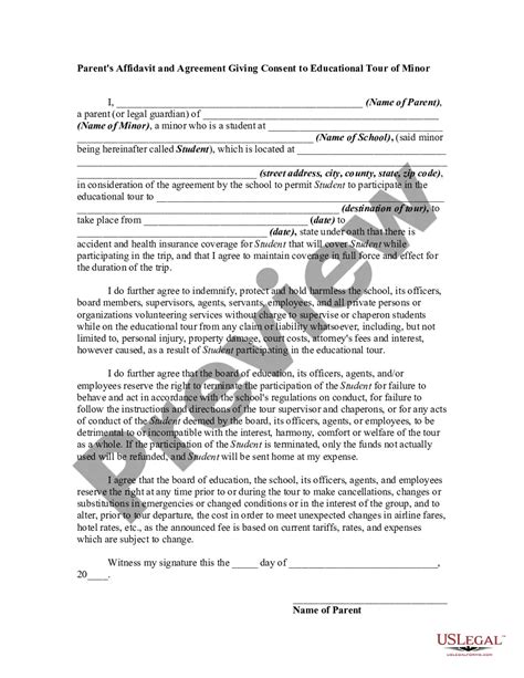 Parent S Affidavit And Agreement Giving Consent To Educational Tour Of