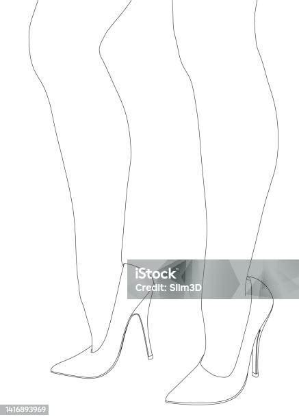 The Contour Of Female Legs In Highheeled Shoes Of Their Black Lines Isolated On A White