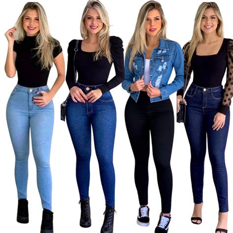 Kit Cal As Jeans Feminina Elastano Skinny Slim Cintura Alta