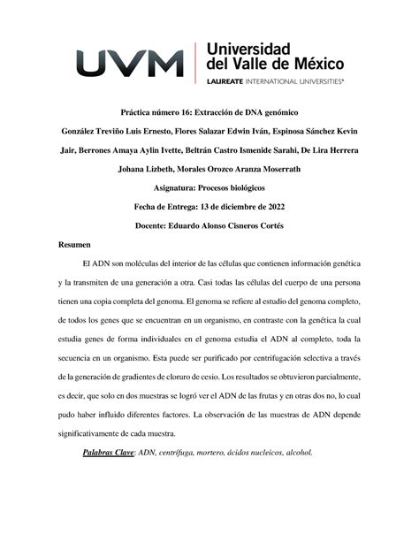 Reporte de práctica 16 Práctica número 16 Extracción de DNA genómico