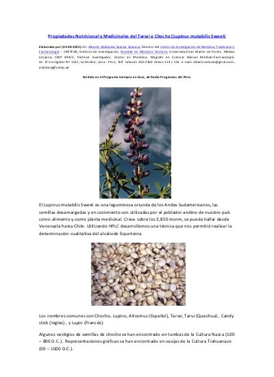 Propiedades Nutricional Y Medicinales Del Tarwi O Chocho Lupinus