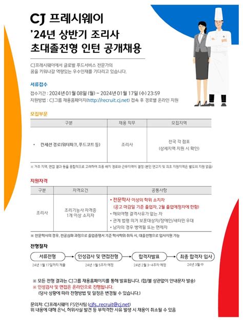 Cj프레시웨이 2024년 상반기 외식경로 조리사 초대졸 신입인턴 채용 공모전 대외활동 링커리어