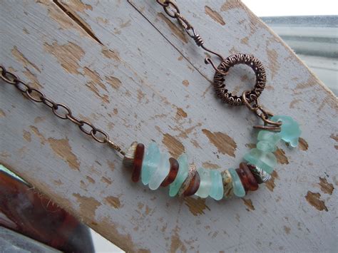 Seafoam And Brown Beach Glass With Stone And Brass Findings Sea