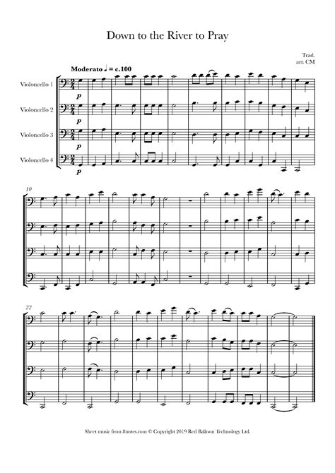 Down To The River To Pray For Cello Quartet Free Sheet Music For