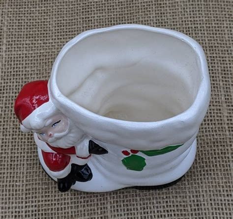 Santa Boot Planter White Ceramic Santa Boot With Santa Claus Etsy