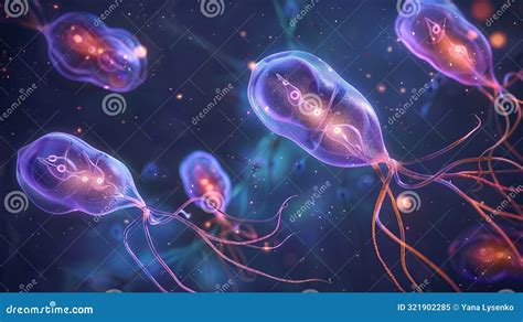 Cluster Of Giardia Lamblia Under A Microscope Protozoan Parasites With Multiple Flagella Stock