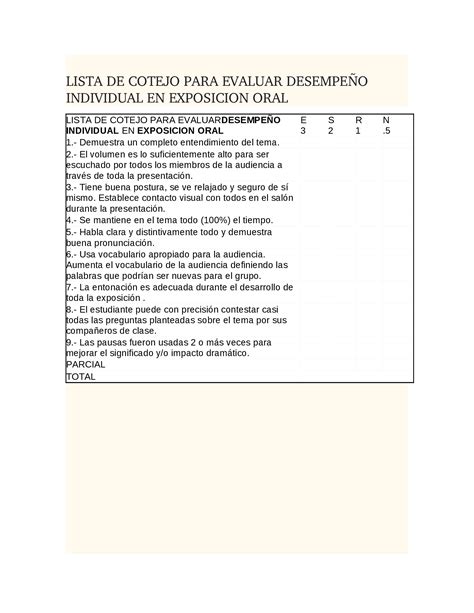 DOCX LISTA DE COTEJO PARA EVALUAR DESEMPEÑO INDIVIDUAL EN EXPOSICION