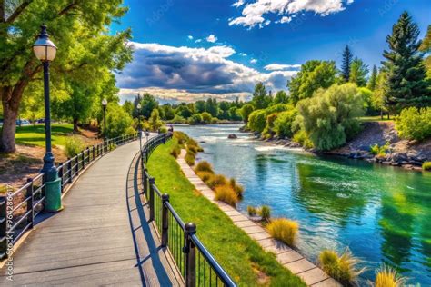 Serene summer scene of Idaho Falls River Walk, showcasing vibrant greenery, tranquil Snake River ...