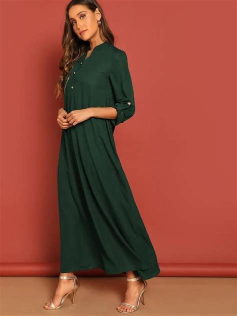 Rolled Tab Sleeve Button Front Maxi Dress Button Front Maxi Dress