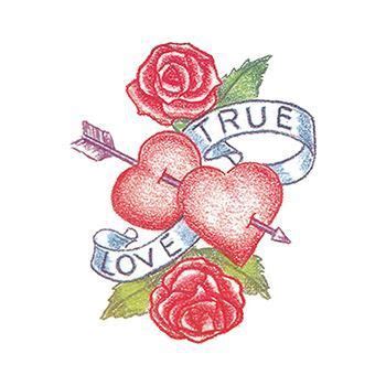 two hearts and an arrow with the words true love on it, surrounded by roses