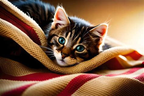 Premium Photo Cute Kitten With Striped Fur Sleeping On Blanket Cats Day