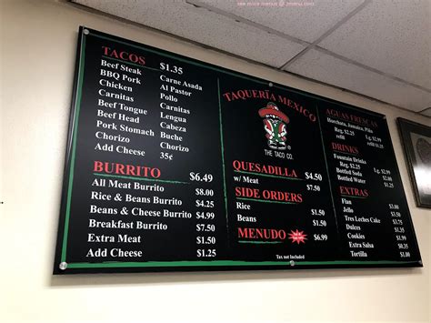 Menu at Taqueria Mexico restaurant, Westminster, Springdale St