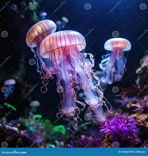 Glowing Jellyfish Swim Deep In Blue Sea Medusa Neon Jellyfish Stock