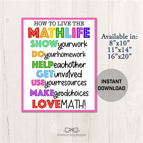 Printable Math Classroom Poster Decor Math Teacher Classroom Ideas Back To School Decorations