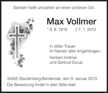 Traueranzeigen Von Max Vollmer Trauer Hna De