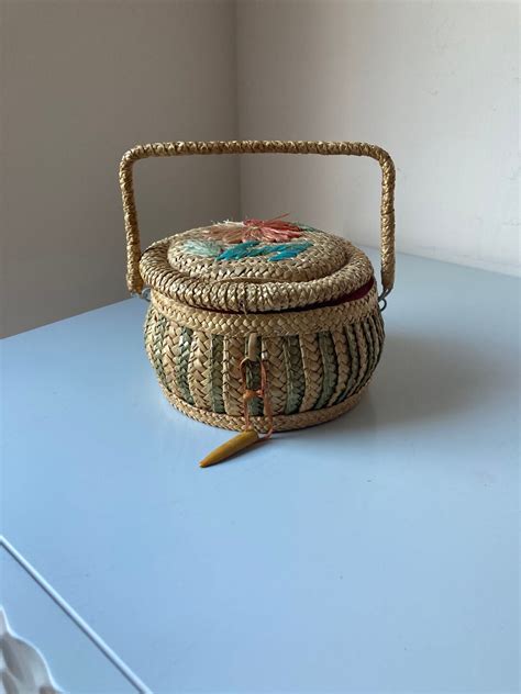 Vintage Chinese Sewing Basket With Fabric Lining And Flower Etsy