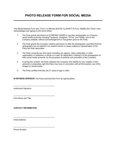 Media Release Form For Social Media Template Download