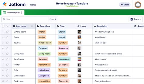 Home Inventory Template | Jotform Tables