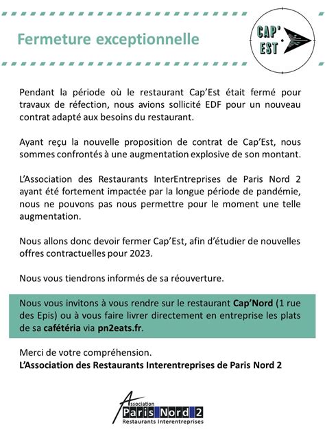 Fermeture Exceptionnelle Restaurant CapEst PARIS NORD 2