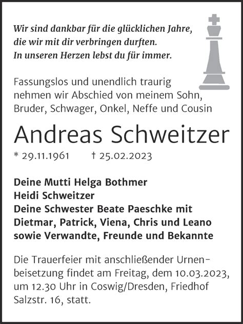 Traueranzeigen Von Andreas Schweitzer Abschied Nehmen De