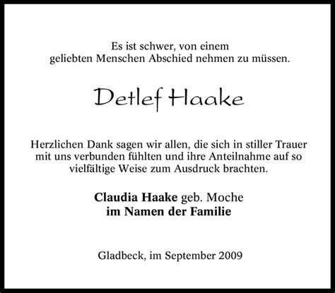 Traueranzeigen Von Detlef Haake Trauer In NRW De