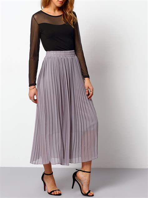 Grey Elastic Waist Pleated Chiffon Skirt Shein Sheinside