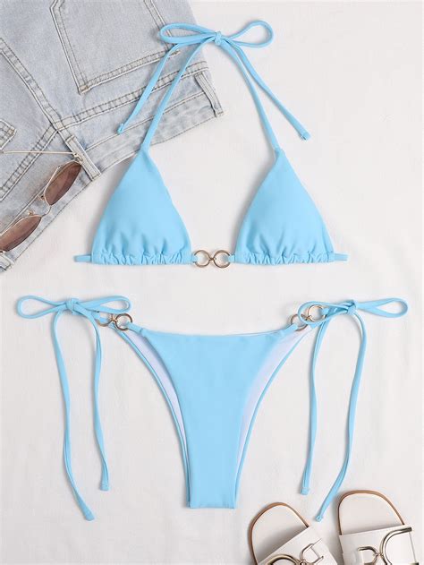 Shein Swim Vcay Ring Linked Micro Triangle Thong Bikini Swimsuit For