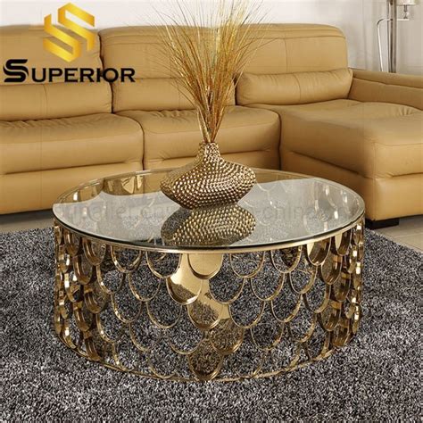 Luxury Home Steel Base Gold Round Glass Coffee Table Metal Coffee Table And Modern End Table