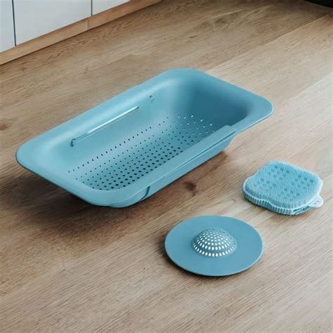 Blue Expandable Colander Strainer Set With Silicon Brush The