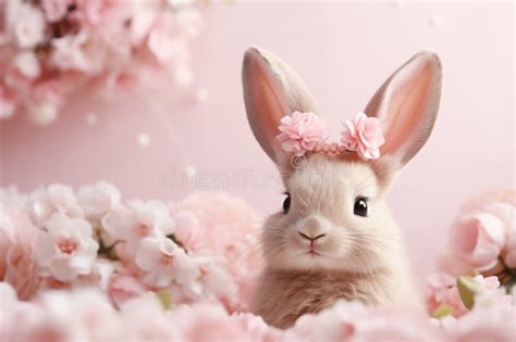 Cute Baby Bunny With Flowers Background Greeting Card Concept Stock