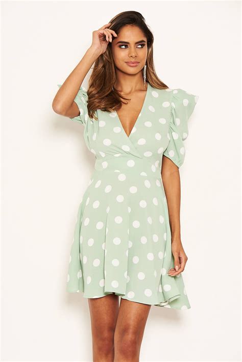 Mint Puff Sleeve Polka Dot Skater Dress Ax Paris