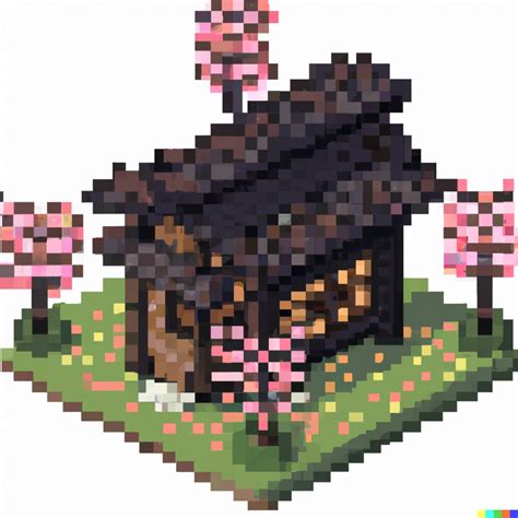 David × Dall·e Isometric Pixel Art Of Japanese House Made Out Of Dark Wood In Cherry Blossom