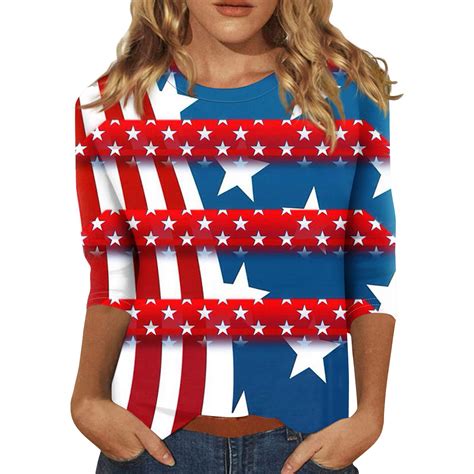 Purjkpu American Flag T Shirts Women Independence Day 4th Of July Tops Casual 34 Sleeve