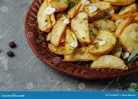 Roasted Rosemary Garlic Potato Wedges On A Plate Stock Image Image Of Cooking Pepper 215180557