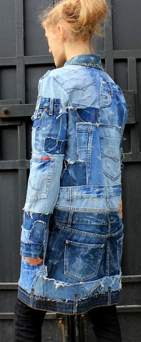 Long Patchwork Jeans Jacket Designer Art Denim Unisex Coat Rip Jeans