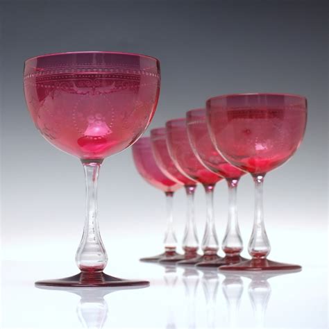 Six 19th Century Engraved Cranberry Champagne Wine Glasses C1900 895915 Uk