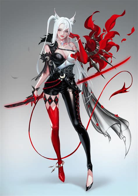 Wallpaper Nessi Drawing Women Silver Hair Weapon Red Black