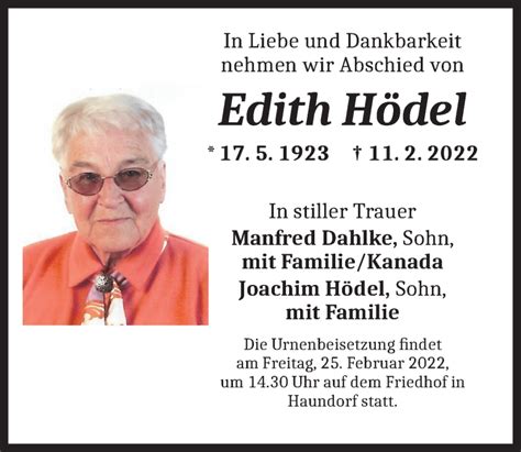 Traueranzeigen von Edith Hödel trauer flz de